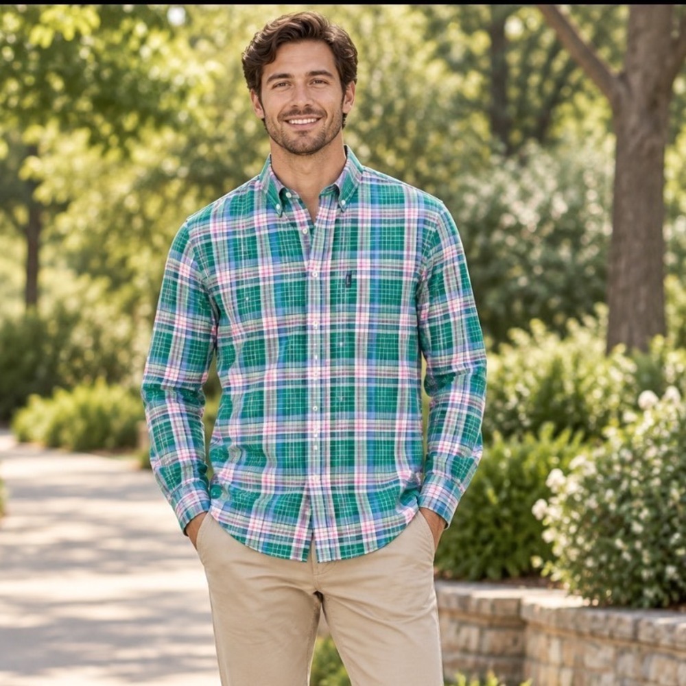 Faconnable Mens Plaid Button Down Shirt Green Pink Blue Long Sleeve Cotton XL